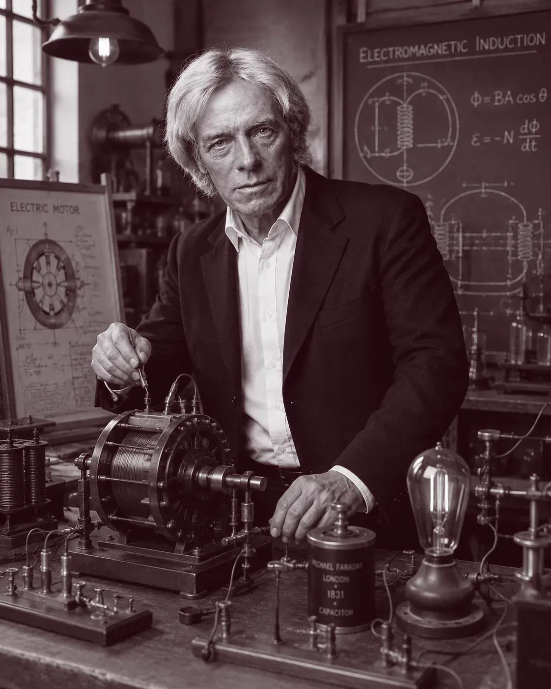Michael Faraday experimenting with electromagnetic induction apparatus in his laboratory at the Royal Institution